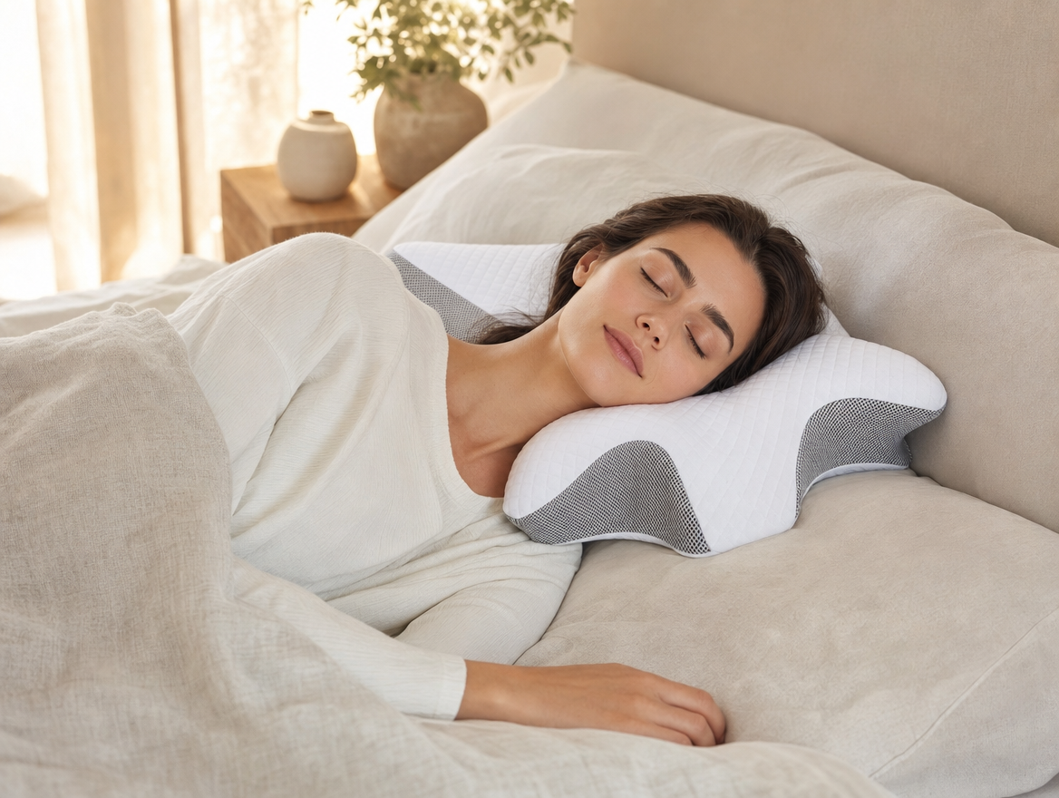 SleepZenza Contourkussen Nek & Schouder Ondersteuning, in gebruik